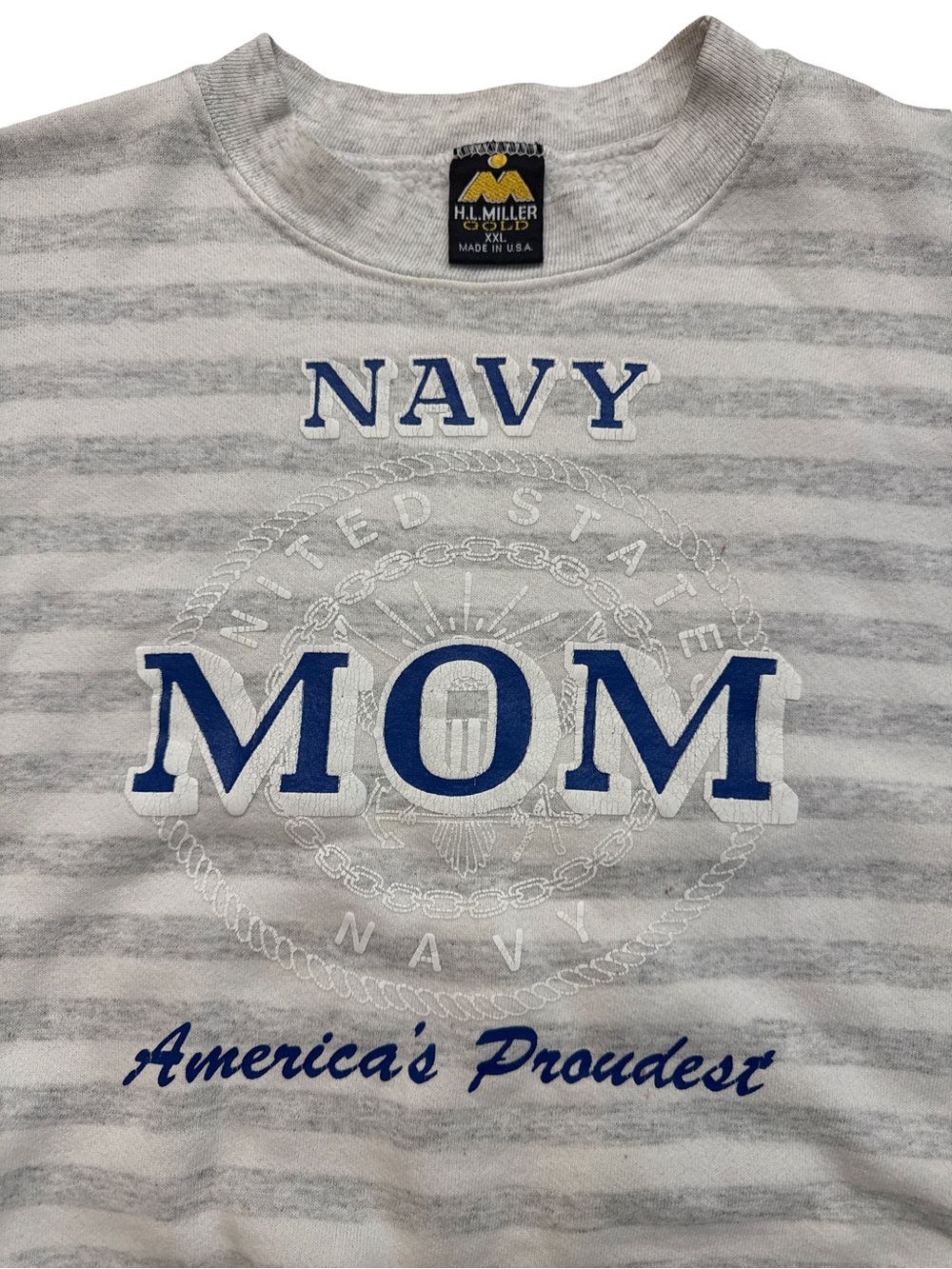 Vintage “Proud Navy Mom” Sweatshirt Size XXL USA Made Gray Striped Women’s